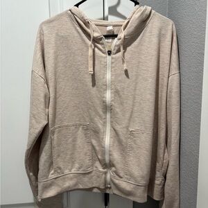 Light Beige Zip-Up Hoodie with Drawstring Hood